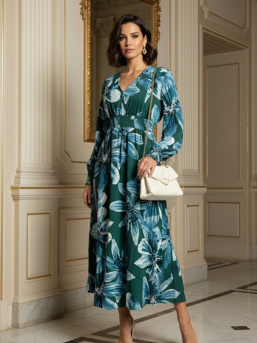Teal Green Floral V-Neck Maxi Dress with Smocked Waist